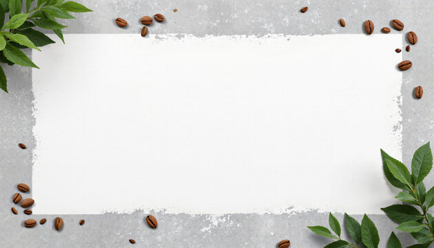 Wei&szlig;es Papier mit unregelm&auml;&szlig;igem Rand auf grauem Beton umrahmt von Kaffeebohnen und gr&uuml;nen Bl&auml;ttern als Men&uuml;-Vorlage