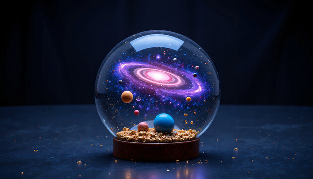 Glaskugel mit integrierter Galaxie und Planeten auf Holzsockel vor dunklem Studiohintergrund als kreatives Zukunftskonzept