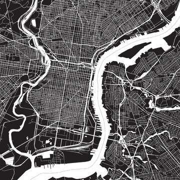 Central Philadelphia Pennsylvania Vector Map, Detailed Center City Street Map Black and White Minimalist Line Art