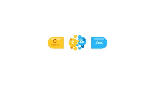 2D animated icon of a medical capsule splitting open to release Vitamin C and Zinc particles on a white background. Ideal for dietary supplements, immune health, and pharmacy loops