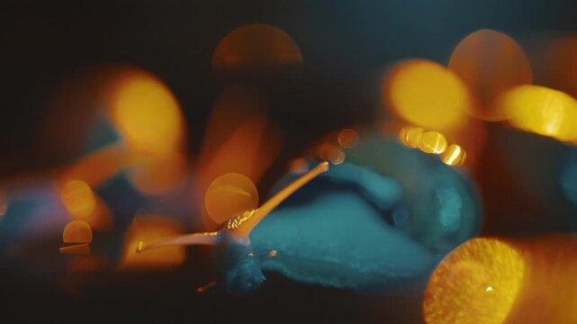 Colors and textures in a close-up of a simple shell on a wet surface at night with blurred lights in the background