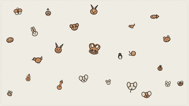 Cute hand drawn animals doodle seamless loop animation background with floating cat dog rabbit elephant lion giraffe and butterfly in warm earthy tones 4K