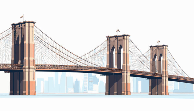 Iconic suspension bridge with Gothic towers spans a city skyline under a white sky