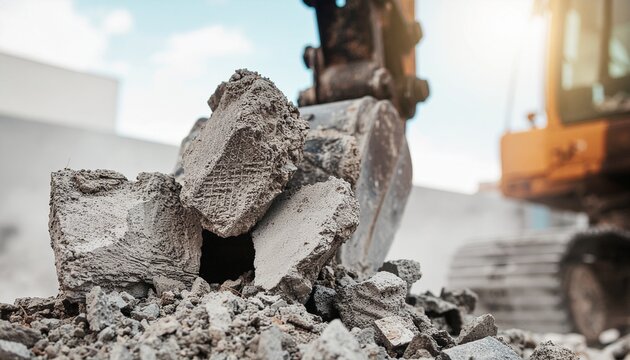 Excavator Bucket Scooping Up Concrete Debris at Construction Site.