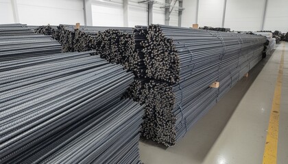 Fototapeta premium Large Warehouse Storage of Steel Rebar Bundles for Construction.