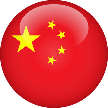Glossy 3D China Flag Circle Button. Realistic Glossy Convex China Flag Vector Badge
