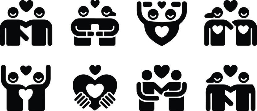 Set of diverse flat design human figures showing love and affection gestures isolated on transparent background