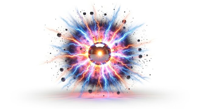 Energy sphere explosion with blue and red electrical discharge against white.