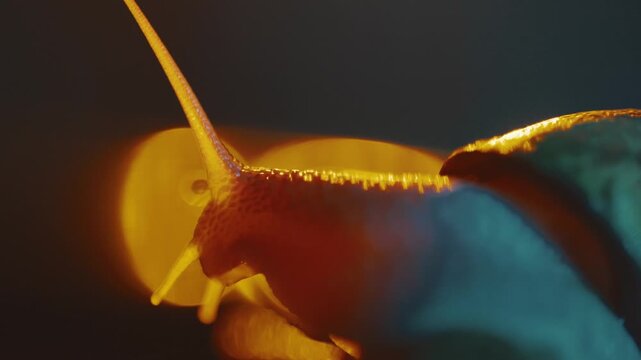 Snail moving slowly in dark setting with bright lights and water droplets on its shell