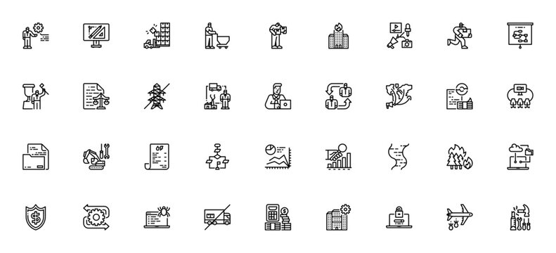 Business Continuity Plan icon set. Minimalist line icons pack. Includes symbols for HR, training, accident, crisis management, cyber security, recovery, planning and more. Editable stroke.