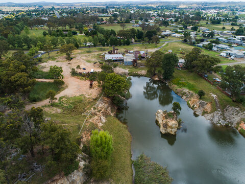 Aerial view of dilapidated buildings at old Glen Innes Brickworks
