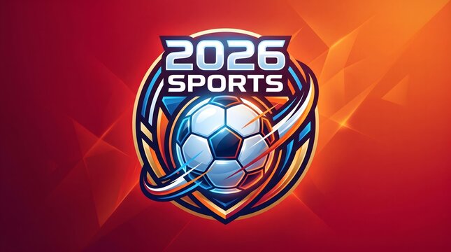 Futuristic sports emblem with glowing soccer ball and dynamic red flames background