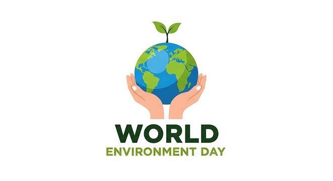 Hands holding a globe with a small green plant sprout representing World Environment Day concept on a clean white background in a flat vector illus...