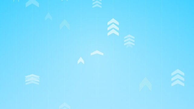 Minimalist abstract background loop featuring soft white chevron arrows floating upward on a bright blue gradient backdrop. Ideal for business growth and corporate presentation slides