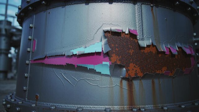 Flaking paint uncovering severe corrosion and weathered patches on an old industrial steel surface.
