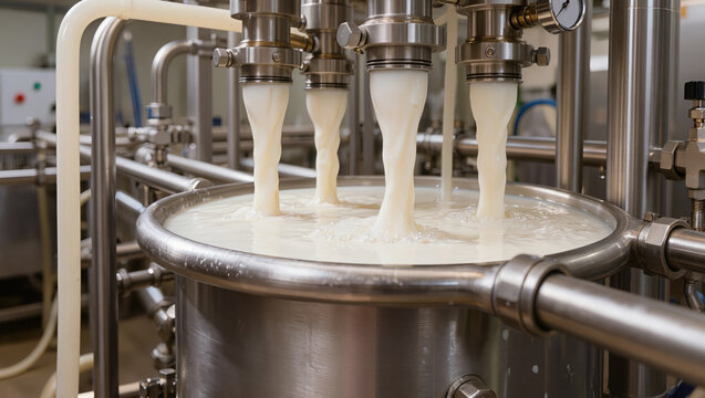 Milk pouring from stainless steel pipes into a processing tank at an automated dairy factory line. Concept of industrial pasteurization, food manufacturing, and dairy technology