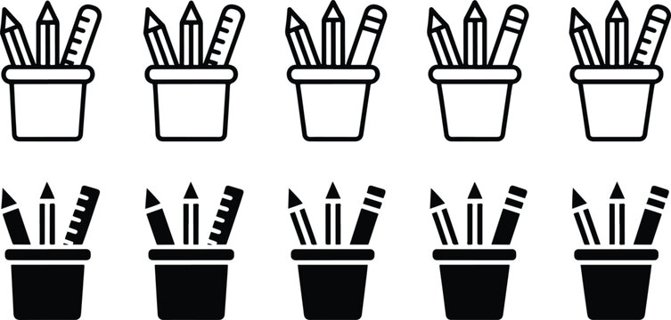Set of hand drawn pencils in pots arranged in increasing order of usage isolated on transparent background