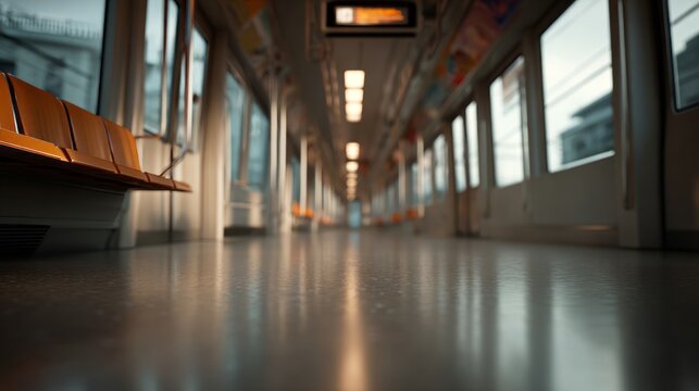 Interior view of a subway train with empty orange seats and polished floor, showcasing a modern urban transportation environment. liminal travel space concept