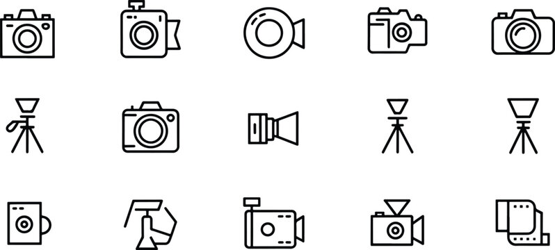 Set of minimalist line art icons related to photography and videography equipment isolated on transparent background