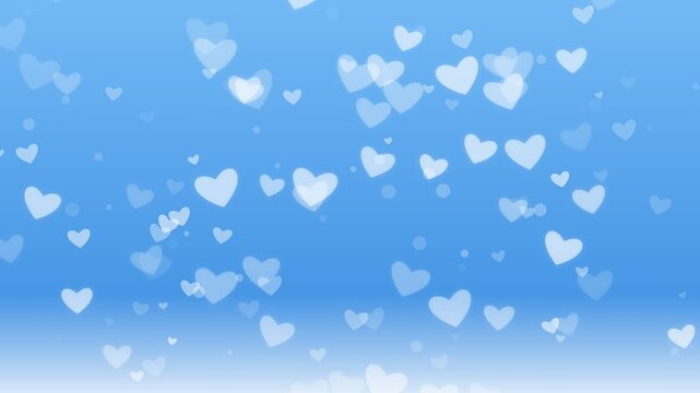 Romantic background animation featuring soft white bokeh hearts floating gently on a calm blue gradient loop. Perfect for Valentine's Day, wedding visuals, and sweet presentation slides.