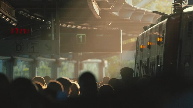 Crowd gathers at train station during evening rush hour while train arrives and departs