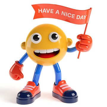 Cute smiling emoji character holding banner with text &ldquo;HAVE A NICE DAY&rdquo;, glossy 3D cartoon style, isolated white background, adobe stock quality
