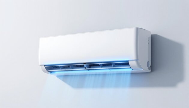 White wall-mounted split air conditioner blowing cool blue airflow on an interior wall, modern sleek HVAC cooling unit for home or office climate control