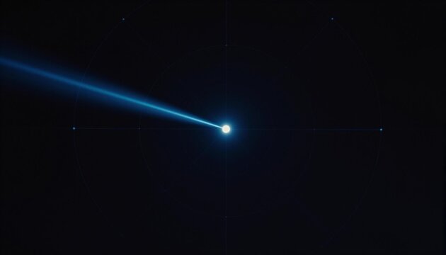 Bright blue star-like point with a diagonal beam of light crossing a dark space background, faint grid and distant tiny stars visible