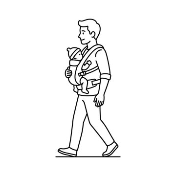 Line art illustration of a father walking while carrying his baby in a front baby carrier ergo backpack