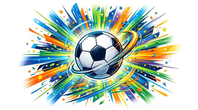 Soccer ball exploding with vibrant colorful paint splashes in dynamic motion effect