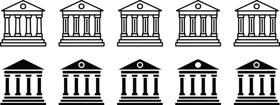 Set of ten classic architectural building facade icons with columns and pediments isolated on transparent background