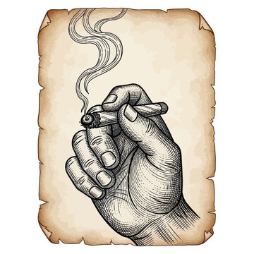 Hand Holding Burning Cigarette with Smoke on Parchment Paper Background