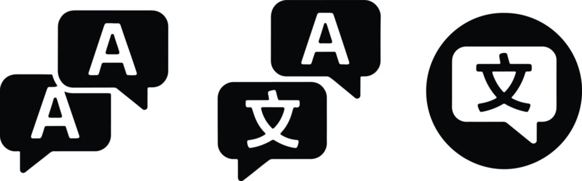 Set of three speech bubble icons with letter A and prohibition sign isolated on transparent background