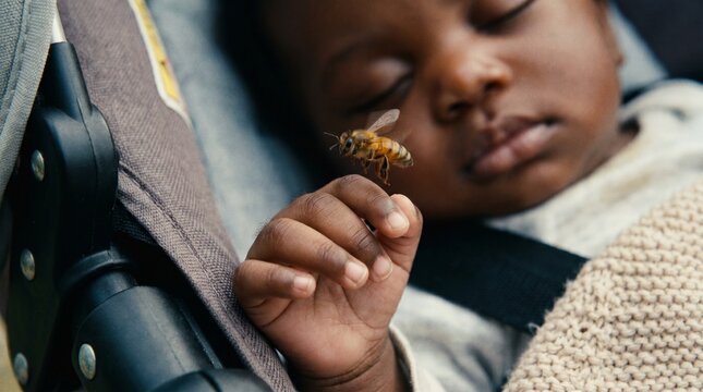 Close-up of a honey bee landing on the hand of a peacefully sleeping African American baby in a stroller. Concept of insect sting allergy and danger in nature