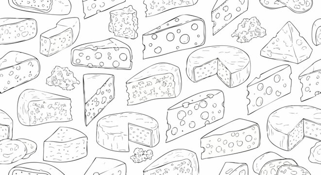 Seamless pattern with various types of hand drawn cheese slices and wheels.