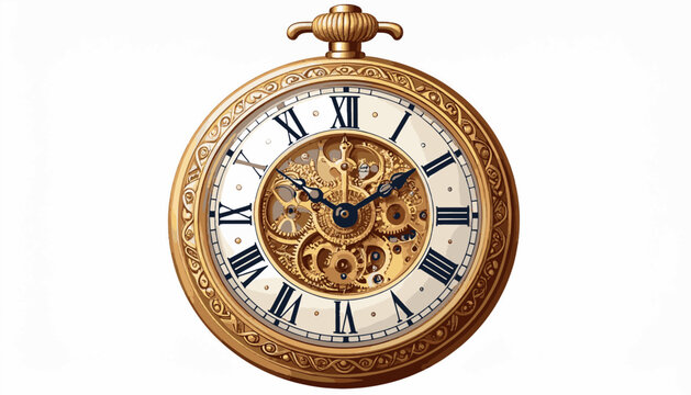 Ornate gold pocket watch with visible gears and Roman numerals
