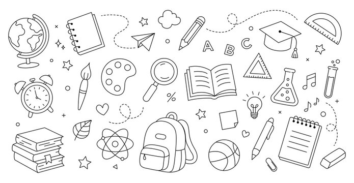 Back to School Doodle Icons Collection with Globe, Backpack, Books, Science Symbols and Learning Elements Outline Vector Set