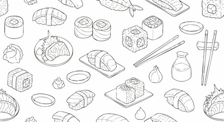 Obraz premium Seamless pattern with various sushi and maki rolls.