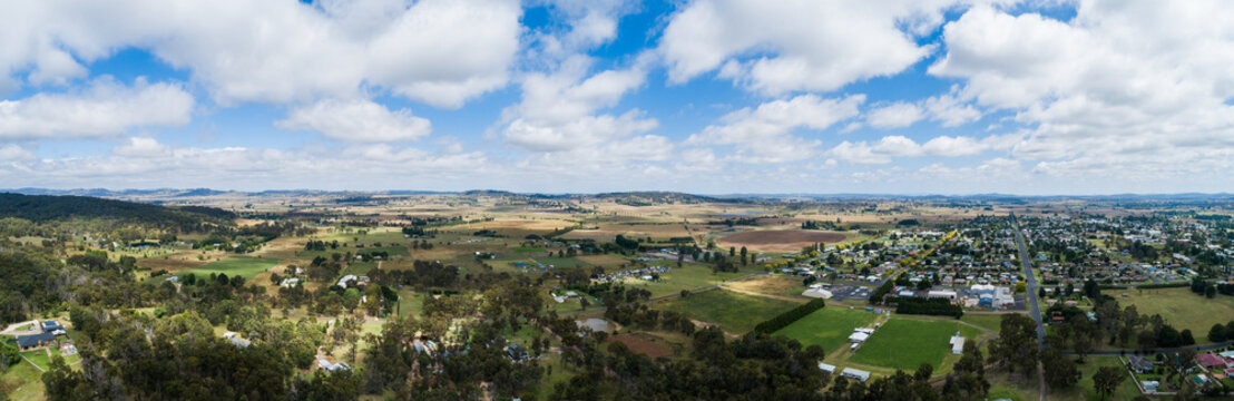 Panoramic view of country town and surrounding farmland in Glen Innes NSW Australia