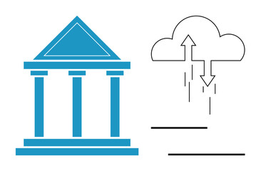 Fototapeta premium Cloud computing concept. Cloud data transfer connecting institutions to digital storage solutions. Cloud digitalization improving banking, technology, and secure financial operations. Great