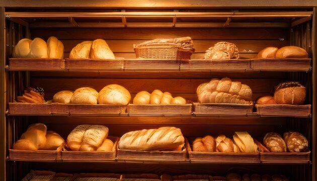 Freshly Baked Bread Assortment on Wooden Shelves in Bakery Display.