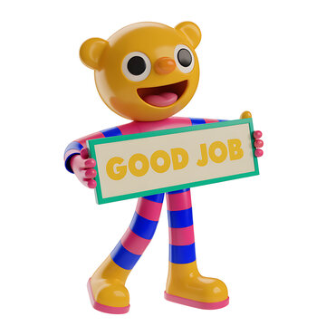 Cute smiling emoji holding board with text &ldquo;GOOD JOB&rdquo;, glossy modern mascot design, white background