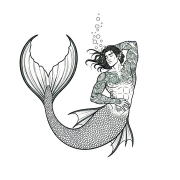 Tattooed Male Merman Resting Underwater with Bubbles