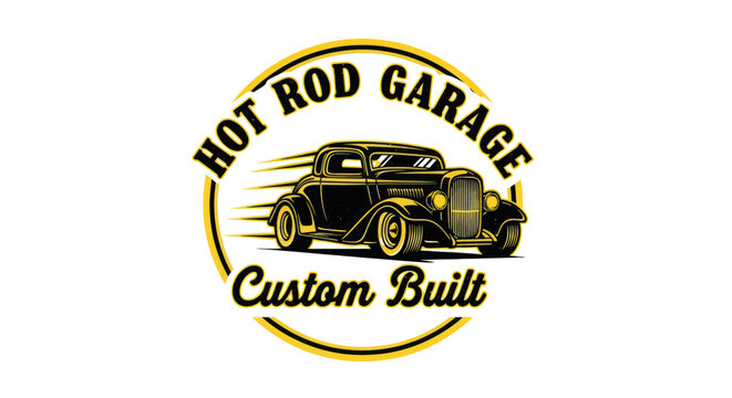 Vintage Hot Rod Garage Custom Built Emblem with Classic Car Illustration