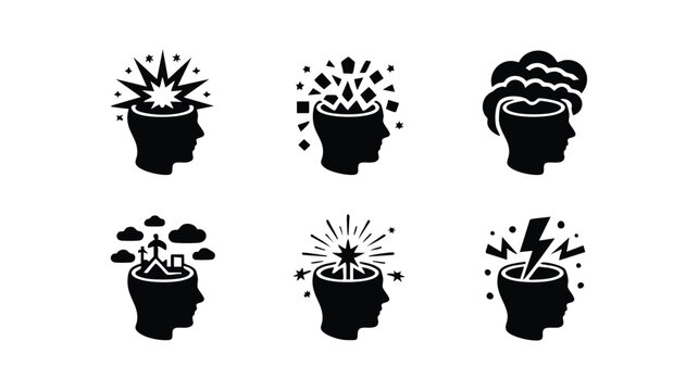 Black silhouette icons of human heads with creative ideas and inspiration exploding from minds