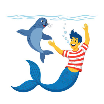 Happy Merman and Seal Swimming Together Underwater, Ocean Friends