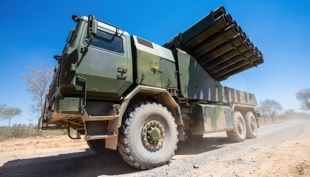 Camouflaged military truck with multiple rocket launcher system
