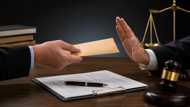 Honest lawyer or judge rejecting bribe envelope with refusal hand gesture near scales of justice and gavel on desk