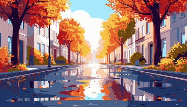 Autumn street with colorful trees reflected in puddles after rain