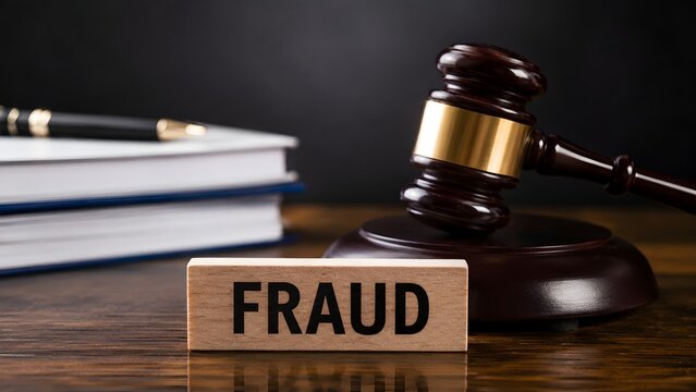 Wooden block with fraud text in front of legal judge gavel and stacked books on desk
